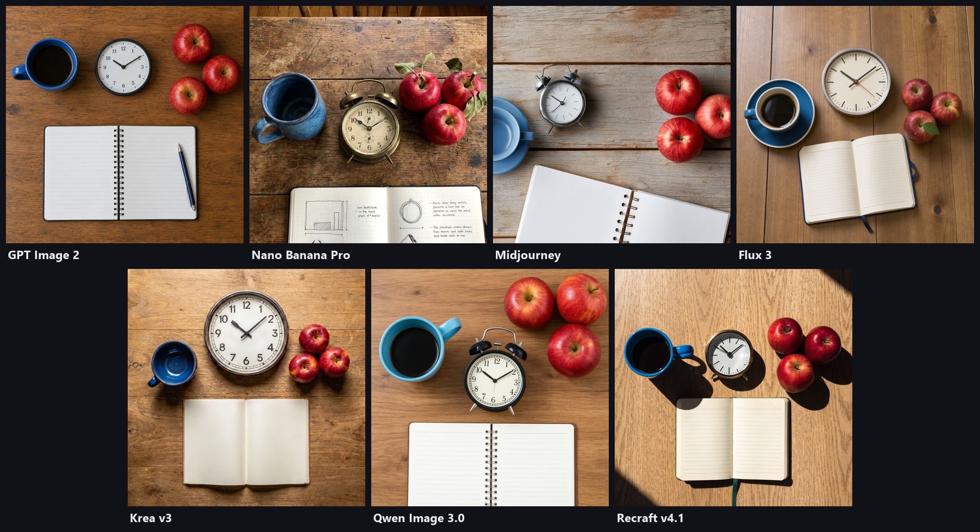 Comparativa de siete generadores de imagen IA: vista cenital con tres manzanas, una taza azul, un reloj a las 10:10 y un cuaderno