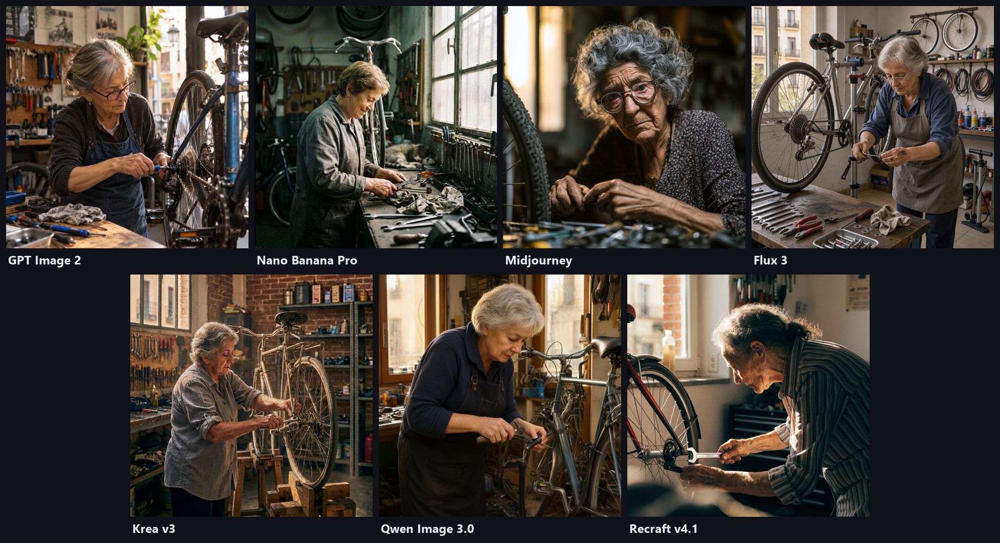 Comparativa de siete generadores de imagen IA: fotografía realista de una mujer de unos 70 años reparando una bicicleta en un taller de Madrid