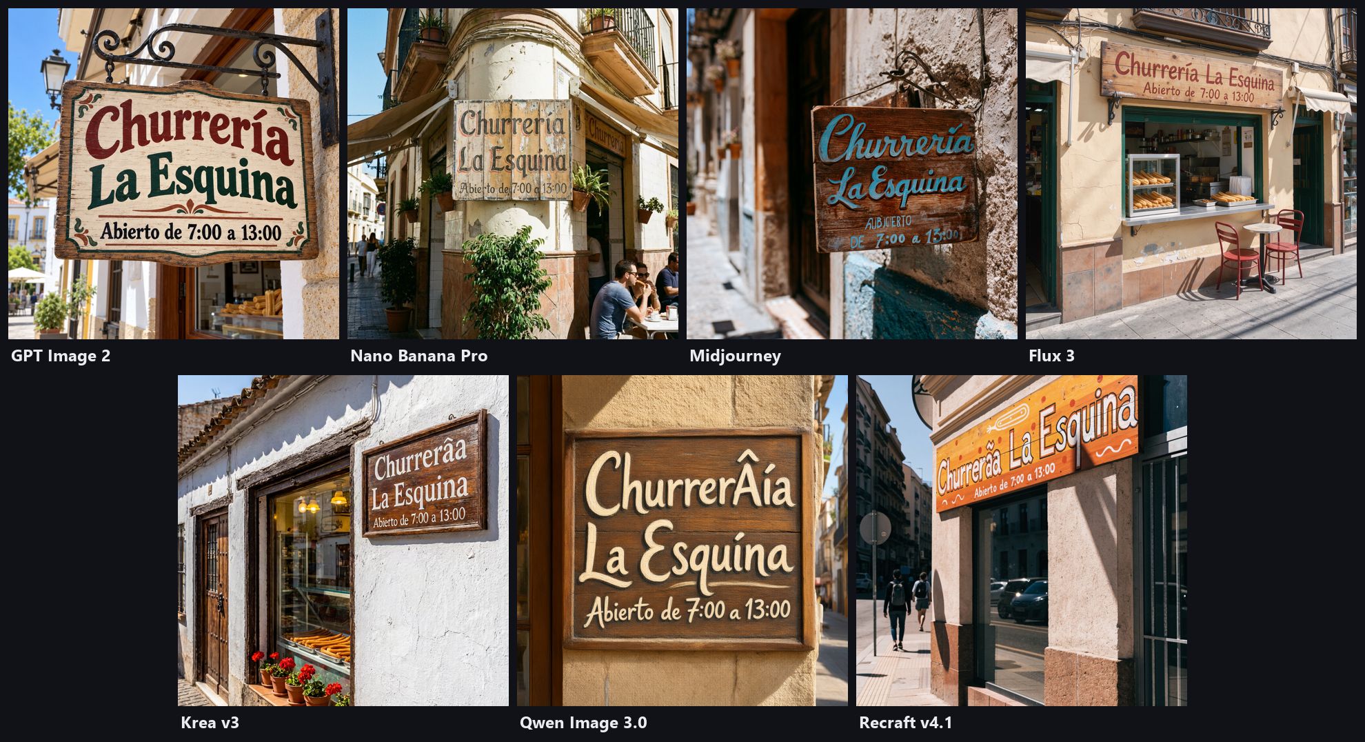 Comparativa de siete generadores de imagen IA con el mismo prompt: cartel de madera con el texto Churrería La Esquina, abierto de 7:00 a 13:00