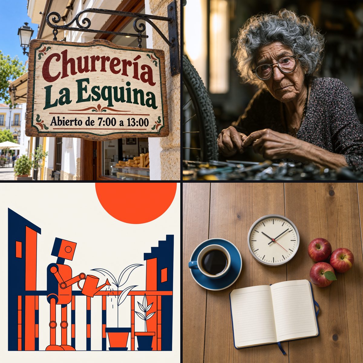 Collage de cuatro imágenes generadas con IA en nuestra prueba: cartel de churrería, retrato en un taller, ilustración plana de un robot y bodegón cenital